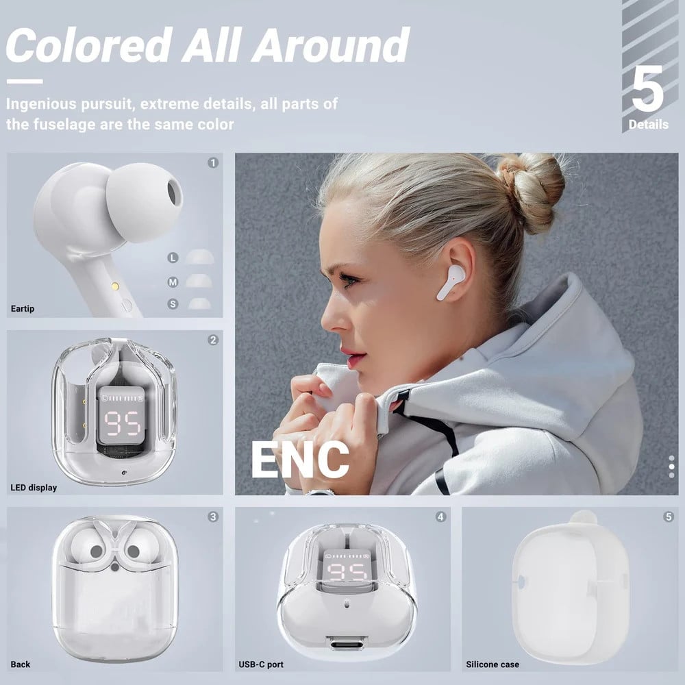 T6 Crystal Wireless Earphones with LED Display & Bluetooth 5.3