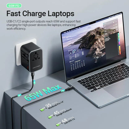 65W GaN Universal Travel Adapter – 3-Port Fast Charger for Worldwide Use