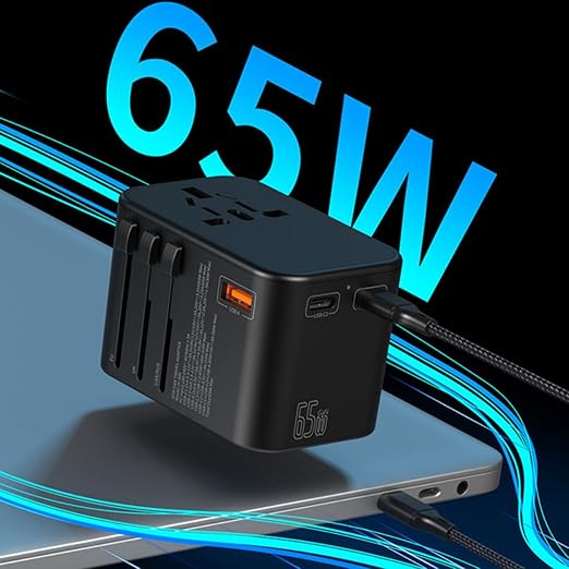 65W GaN Universal Travel Adapter – 3-Port Fast Charger for Worldwide Use