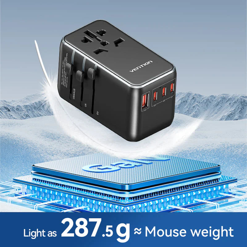 65W GaN Universal Travel Adapter – 3-Port Fast Charger for Worldwide Use
