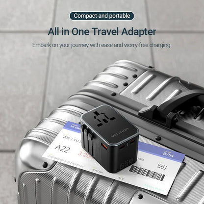 65W GaN Universal Travel Adapter – 3-Port Fast Charger for Worldwide Use