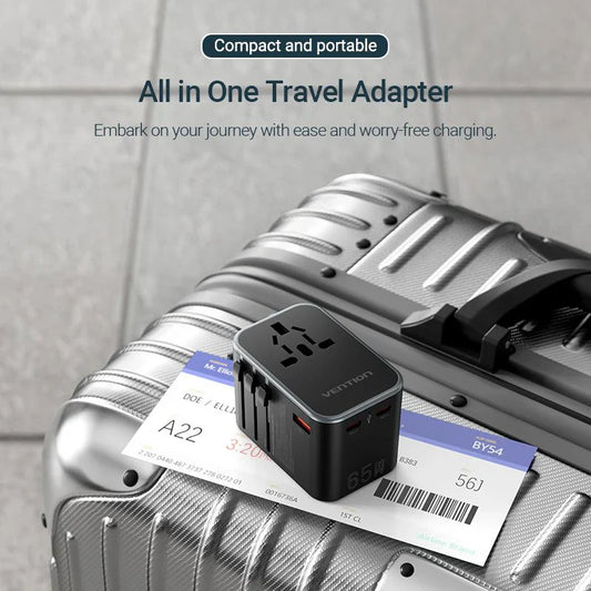 65W GaN Universal Travel Adapter – 3-Port Fast Charger for Worldwide Use