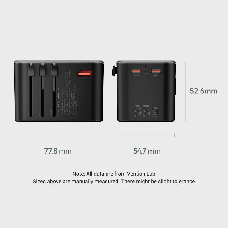 65W GaN Universal Travel Adapter – 3-Port Fast Charger for Worldwide Use