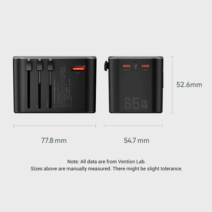 65W GaN Universal Travel Adapter – 3-Port Fast Charger for Worldwide Use