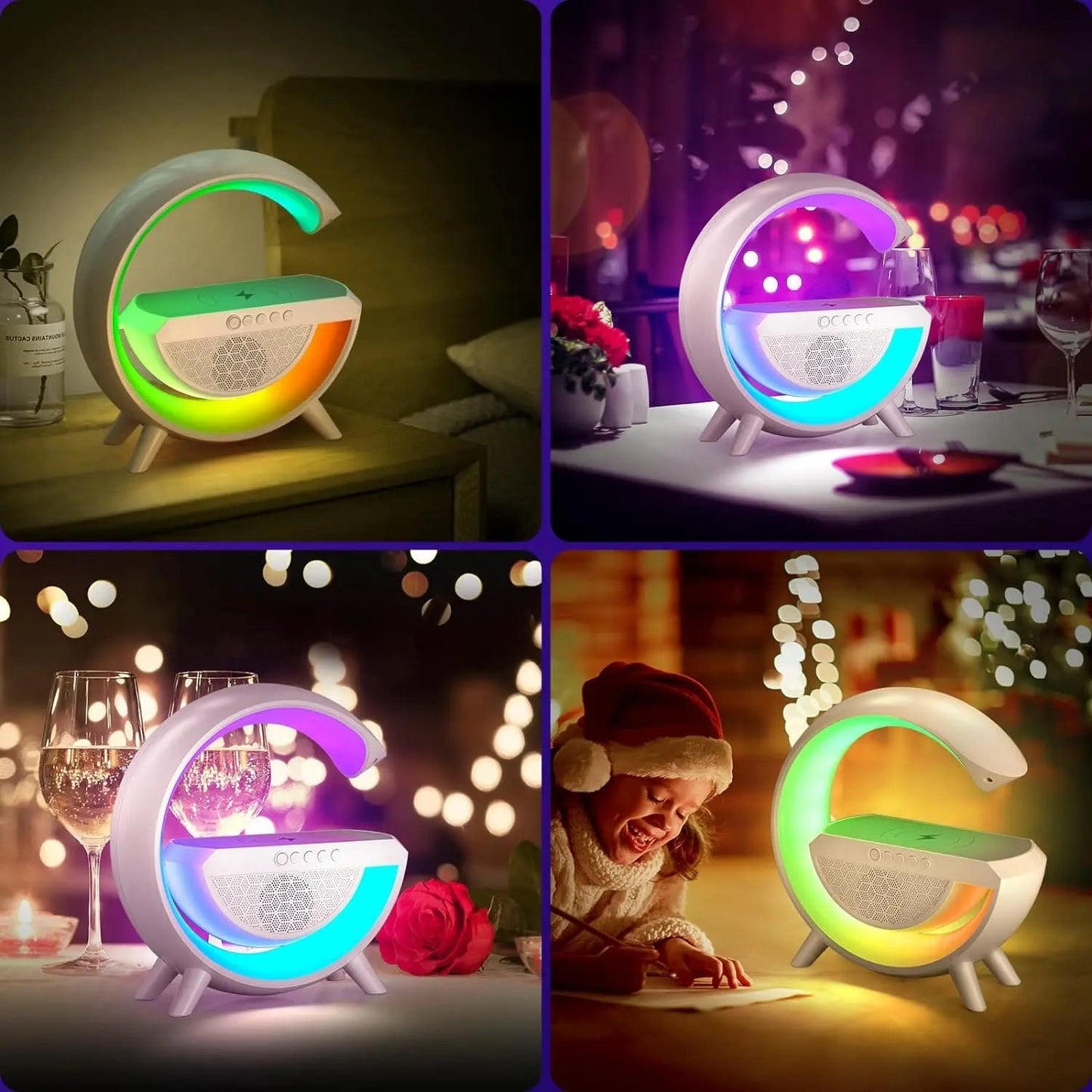 Multi-functional LED Atmosphere Lamp with Wireless Charger, Speaker & Clock