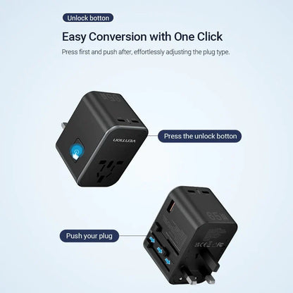 65W GaN Universal Travel Adapter – 3-Port Fast Charger for Worldwide Use