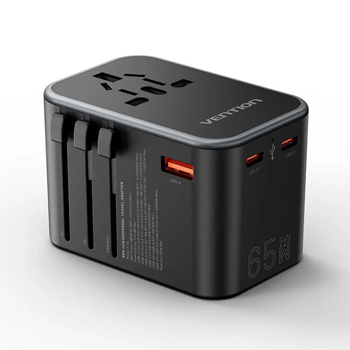 65W GaN Universal Travel Adapter – 3-Port Fast Charger for Worldwide Use