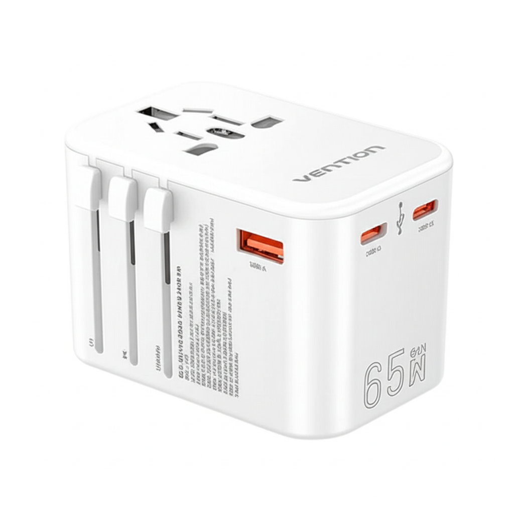 65W GaN Universal Travel Adapter – 3-Port Fast Charger for Worldwide Use