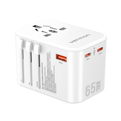 65W GaN Universal Travel Adapter – 3-Port Fast Charger for Worldwide Use