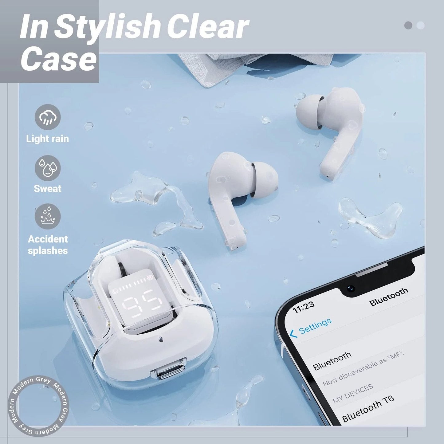 T6 Crystal Wireless Earphones with LED Display & Bluetooth 5.3